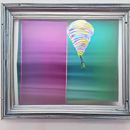 Image similar to a pastel colour high fidelity Polaroid art photo from a holiday album at a seaside with abstract inflatable parachute furniture and spheres, all objects made of transparent iridescent Perspex and metallic silver, no people, iridescence, nostalgic