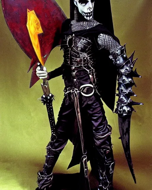 Prompt: portrait of a skinny punk goth wizard wearing armor by simon bisley, john blance, frank frazetta, fantasy, thief warrior big happy smile