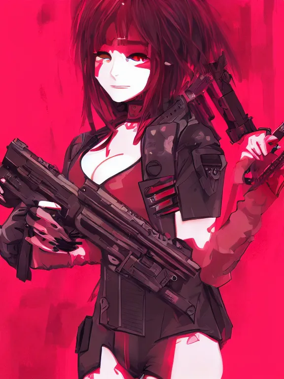 Image similar to a female character with a gun and a red background, cyberpunk art by muqi, featured on pixiv, rayonism, sci - fi, pixiv, official art