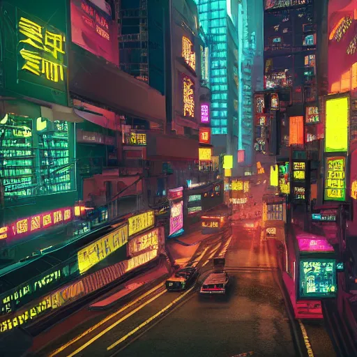 Prompt: cyberpunk city Hong Kong without people, rainy, colorful, beautiful, trending on artstation, HD, Unreal Engine, style by Cyberpunk 2077