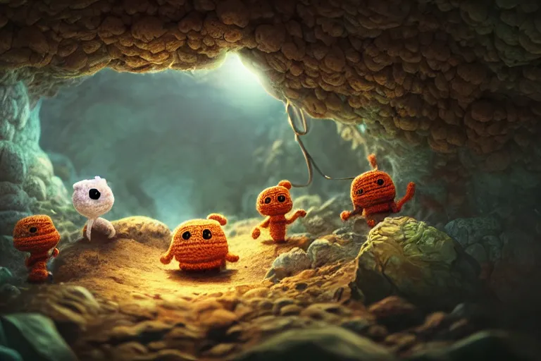 Prompt: an expedition of crochet cute monsters discovering a new cave underground. cute, illustration, digital art, inspired by little big planet, by greg rutkowski, detailed, sharp, masterpiece, highly detailed, photorealistic, octane render, 8 k, unreal engine 5, trending on artstation, vivid colors