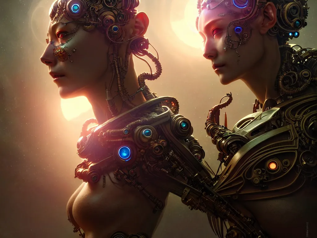 Image similar to ultra realistic beautiful cyborg deity eyes closed, sci-fi, fantasy, intricate details, movie still, highly detailed, photorealistic, octane render, eerie, 8k, art by artgerm and james clyne and greg rutkowski and alphonse mucha