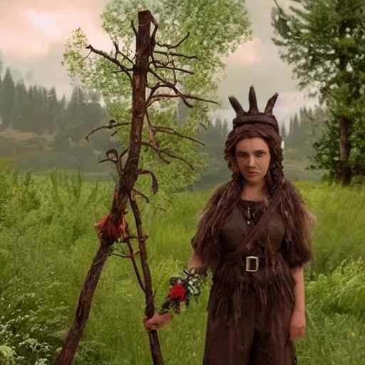 Image similar to deep gnome druid with leather clothing and leaves and sticks in her hair, photo from the movie midsommar