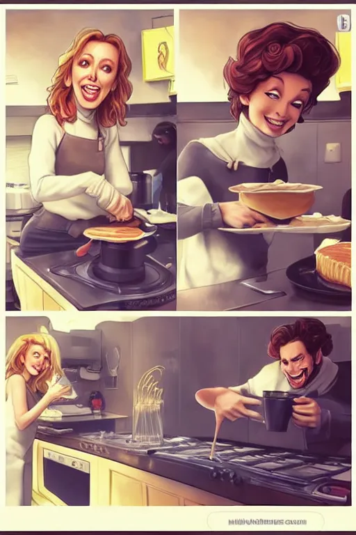 Image similar to kylie minogue making pancakes, animation pixar style, by pendleton ward, magali villeneuve, artgerm, rob rey and kentaro miura style, golden ratio, trending on art station