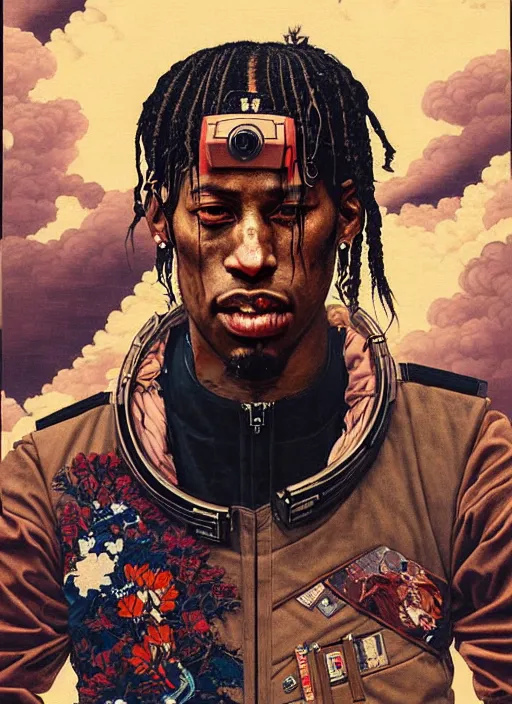 Image similar to a beautiful ukiyo painting of travis scott as a timepunk battle space pilot, wearing space techwear, detailed close up portrait, intricate complexity, concept art, by takato yamamoto, wlop, krenz cushart. cinematic dramatic atmosphere, sharp focus, digital full likeness art. center frame