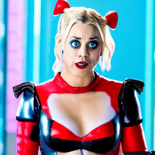 Image similar to A still of Kaley Cuoco as Harley Quinn