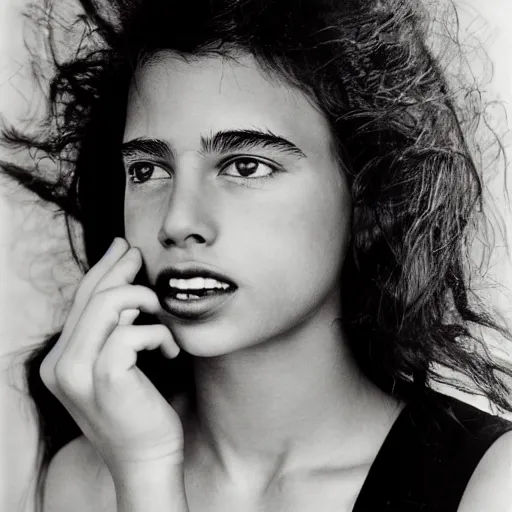 Prompt: black and white vogue closeup portrait by herb ritts of a beautiful teenage girl with a turned up nose biting her lip, high contrast