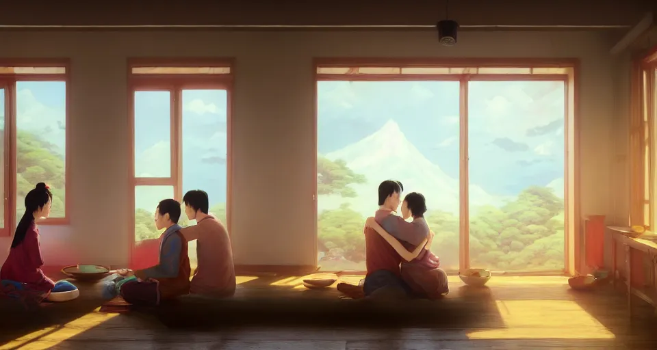 Prompt: wide shot of asian couple hugging at each other, sitting in rural living room, group of mechanical fans placing around the room, day light, colorful mood, high details, octane render, 8 k, digital illustration by kyuyong eom, realistic painting by aivazovsky, james jean, greg rutkowski, anato finnstark