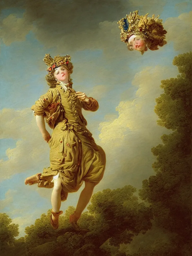 Prompt: portrait of a lonely female soldier floating in the air, wearing a crown, by jean honore fragonard