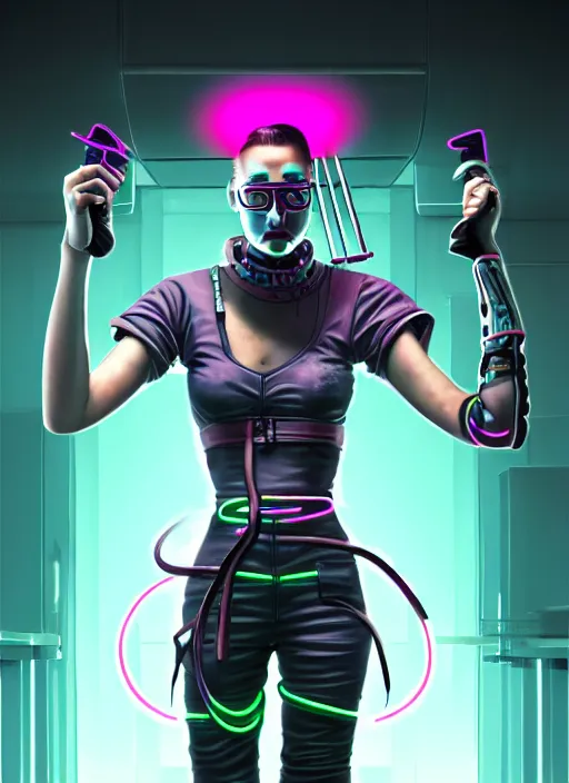 Prompt: cyberpunk neon chef character posing in a battle stance with cyber kitchen knives, scifi kitchen background, diffuse lighting, fantasy, intricate, highly detailed, lifelike, photorealistic, digital painting, artstation, illustration, concept art, smooth, sharp focus, art by john collier and albert aublet and krenz cushart