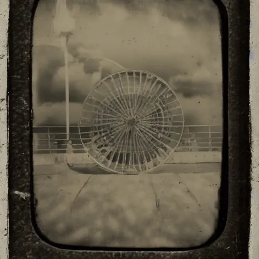 Image similar to tintype photo, Ferris wheel, a squid, underwater, jellyfish