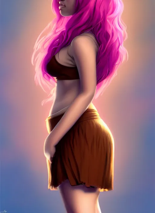 Image similar to full body portrait, teenage vanessa morgan, pink hair, brown skin, obese, curly pixie hair, sultry, realistic, short hair, hoop earrings, skirt, shirt, fat, belly, intricate, elegant, highly detailed, digital painting, artstation, concept art, smooth, sharp focus, illustration, art by wlop, mars ravelo and greg rutkowski