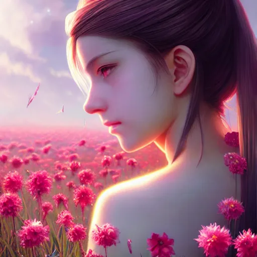 Image similar to aerith from final fantasy 7 by tom bagshaw, sitting in a flower field by ilya kuvshinov, rtx reflections, maya, extreme high intricate hyperrealistic details by wlop, digital anime art by ross tran, medium shot, composition by sana takeda, dramatic lighting by greg rutkowski