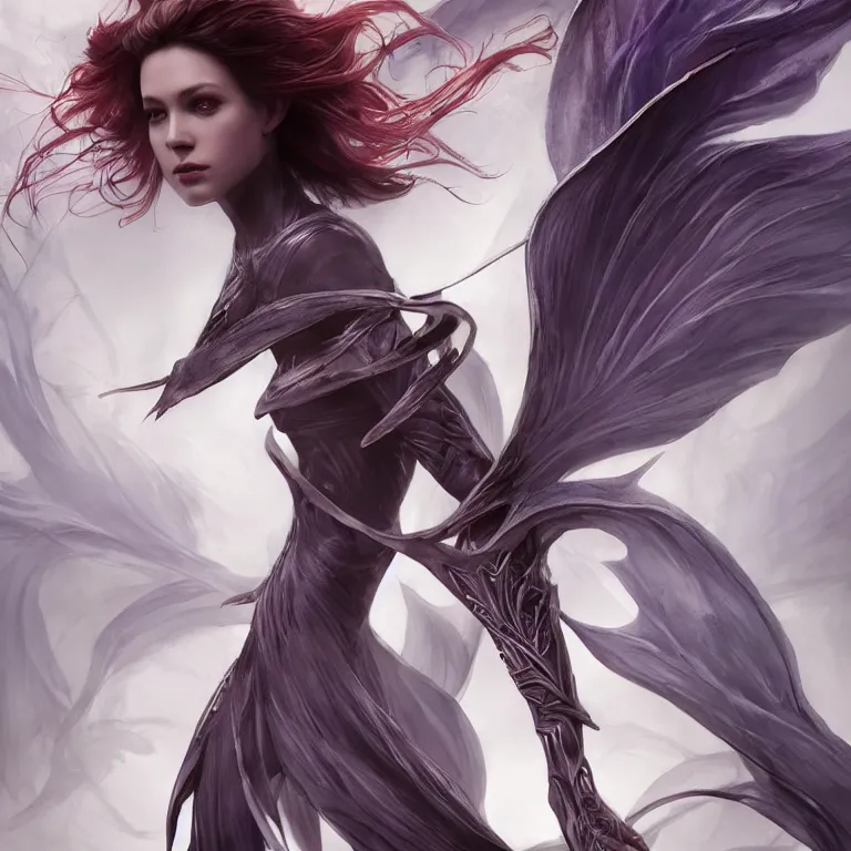 Image similar to beautiful cinematic fantasy poster, character concept of a beautiful fashion model wearing haute couture in dynamic pose, wideshot ultrawide angle epic scale, hybrid from The Elden Ring and art direction by Darius Zawadzki ;by artgerm; wayne reynolds art station; cinematic quality character render; low angle; ultra high quality model; production quality cinema model;