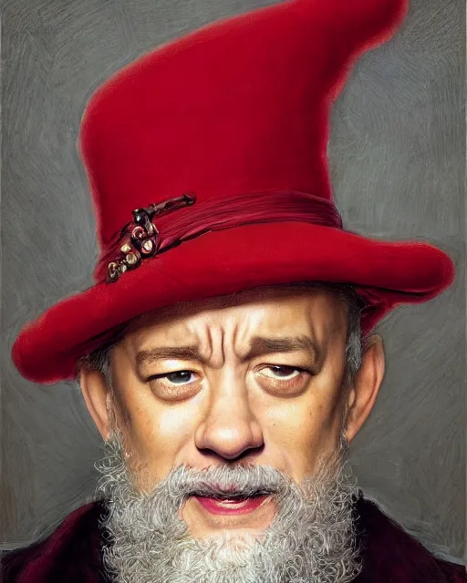 Image similar to closeup portrait of whimsical conniving tom hanks wearing a red hat, court jester in renaissance era,, masterpiece, by donato giancola and greg rutkowski and wayne barlow and zdzisław beksinski, high contrast, realistic face