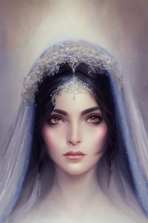 Image similar to Ameera al-Taweel, blue eyes, long wavy black hair, white veil, closeup, focus face, elegant, highly detailed, centered, digital painting, artstation, concept art by tom bagshaw