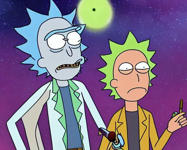 Prompt: rick and morty brewing a potion in space, digital art, highly detailed, trending on artstation