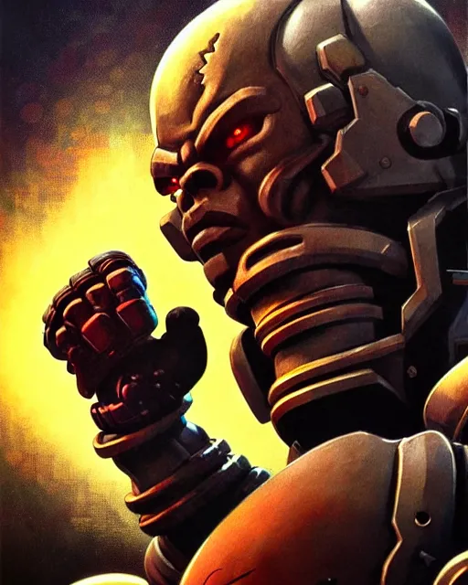 Image similar to doomfist from overwatch, character portrait, portrait, close up, concept art, intricate details, highly detailed, vintage sci - fi poster, retro future, vintage sci - fi art, in the style of chris foss, rodger dean, moebius, michael whelan, and gustave dore