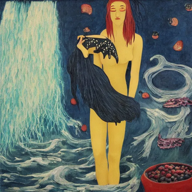 Prompt: tall emo female artist holding a blue starfish in her flooded kitchen, pomegranates, octopus, water gushing from ceiling, painting of flood waters inside an artist's apartment, a river flooding indoors, ikebana, zen, rapids, waterfall, black swans, canoe, berries, acrylic on canvas, surrealist, by magritte and monet