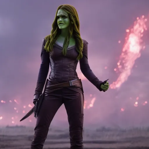 Image similar to Film still of Emma Watson as Gamora, from Guardians of the Galaxy Vol. 2 (2017), full shot