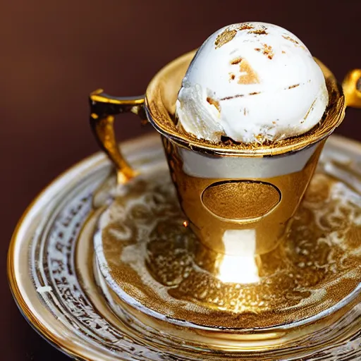 Image similar to ultra realistic photo of a cup of ice cream in golden cup with rich details and luxury plates