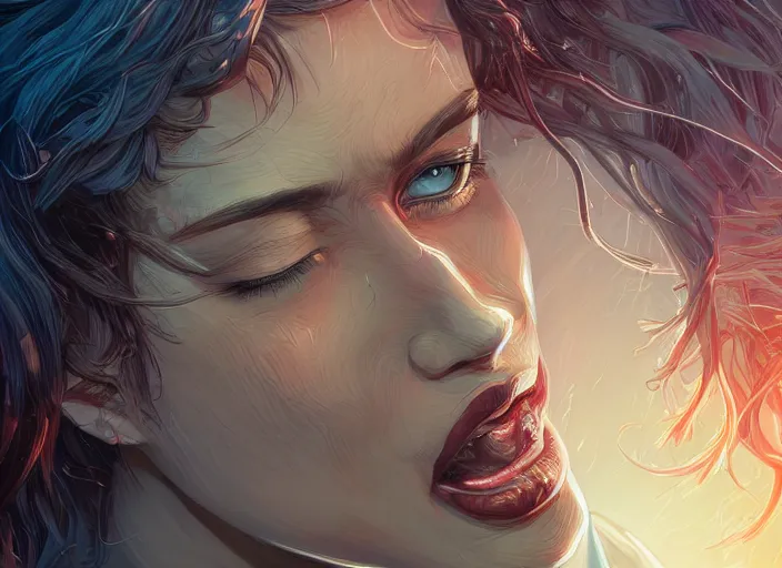 Image similar to wide open queen mouth, close - up, cry, defiant, full lips, anatomy color photograph, light effect, hyper detailed, intricate, elegant, highly detailed, digital painting, artstation, concept art, matte, sharp focus, illustration, by dan mumford, yusuke murata, makoto shinkai, ross tran