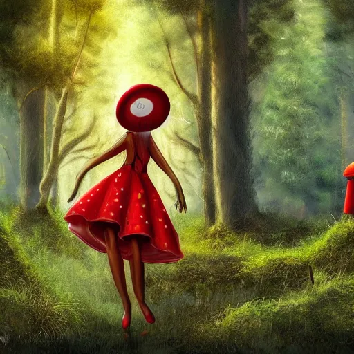 Prompt: Mushroom forest, biopunk, lush, vegetation, tall trees, godrays, falling leaves, woman, red dress, red mushrooms, digital art, 8k, trending on artstation