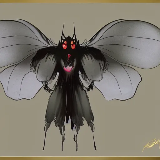 Prompt: 4K photo of mothman with giant wings , flawless anime cel animation by Manabu Oshashi and Satoshi Kon, professionally post-processed , beautiful, scary, symmetry accurate features, epic, octane rendered, anime masterpiece, accurate