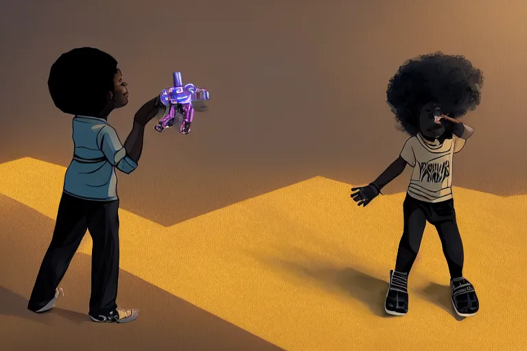 Image similar to a black kid playing with a futuristic robot in the nature, mixing solarpunk, afropunk, cyberpunk, ( ( ( ( volumetric light ) ) ) ), high angle, part by pearl fryar, part by prince damah, sunny day, trending on artstation, cinematic view, illustration, painting.
