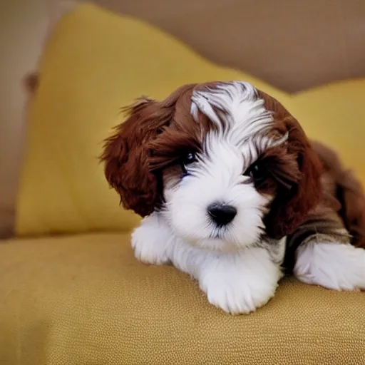 Prompt: brown cavoodle with an egg on its head