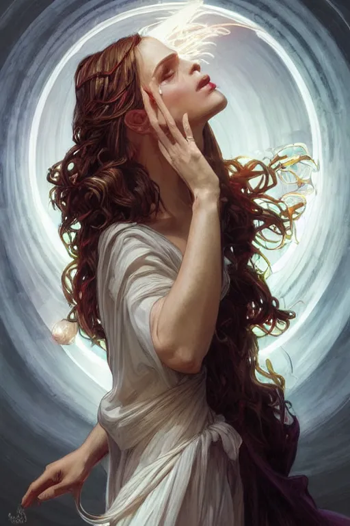 Image similar to white witch crafting magic spells, side view, crafting spells, bright witch, fantasy, chaos, magic, dark magic, dramatic lighting, intricate, wild, highly detailed, digital painting, artstation, concept art, smooth, sharp focus, illustration, art by artgerm and greg rutkowski and alphonse mucha