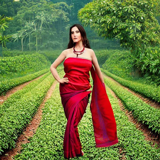 Prompt: Portrait of young monica bellucci wearing assamese bihu mekhela sleeveless silk saree in Assam tea garden, XF IQ4, 150MP, 50mm, F1.4, ISO 1000, 1/250s, model photography by Steve McCurry in the style of Annie Leibovitz, face by Artgerm, daz studio genesis iray female, gorgeous, detailed face, anatomically correct hands!!!!!! natural skin tone 4k textures, soft cinematic light, Adobe Lightroom, photolab, HDR, intricate, elegant, highly detailed,sharp focus