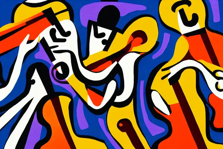 Image similar to 3 jazz musicians, head and shoulders playing with musical notes as abstract art in the style of Stuart Davis