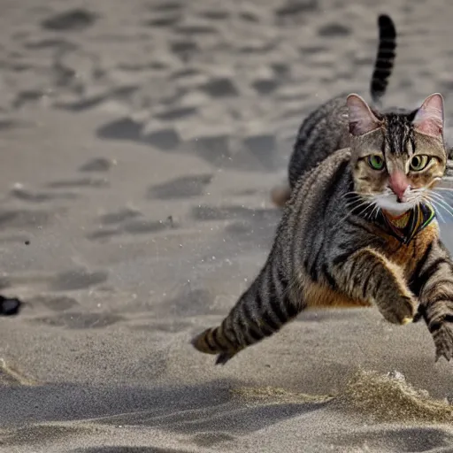 Prompt: a photo superhero tabby cat fightning a crocodile on a sunny beach