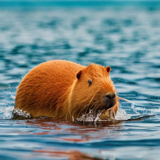 Prompt: a capybara swimming in the ocean while eating a watermelon, cinematic shot, sun rays, photo