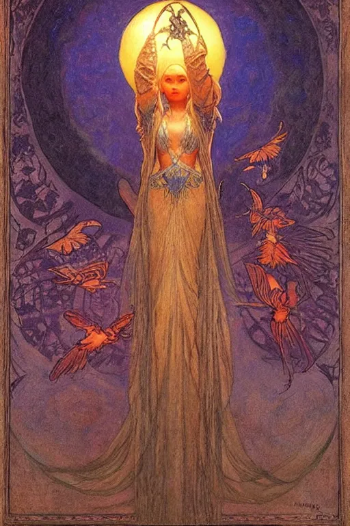 Image similar to queen of night with her lantern and birds, by Nicholas Roerich and Annie Swynnerton and jean delville and Gaston Bussière, black leather and embroidered velvet, iridescent beetles, rich color, dramatic cinematic lighting, extremely detailed