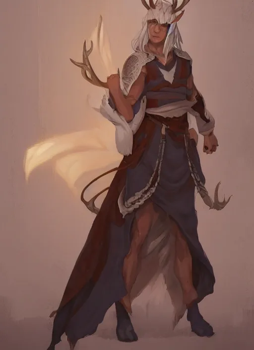 Image similar to concept art painting of a fully clothed person with brown skin and short white hair, demon horns, deer ears, blue tunic and robes, detailed, d & d style, cel shaded, in the style of ruan jia and artgerm and makoto shinkai and james gurney