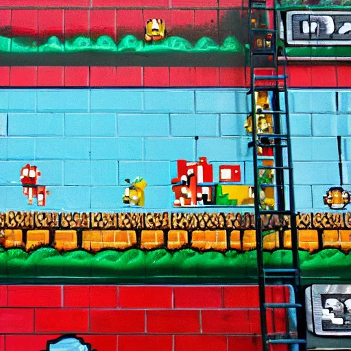 Image similar to Painting of Super Mario Bros first level on the Berlin Wall, 85mm lens photo,