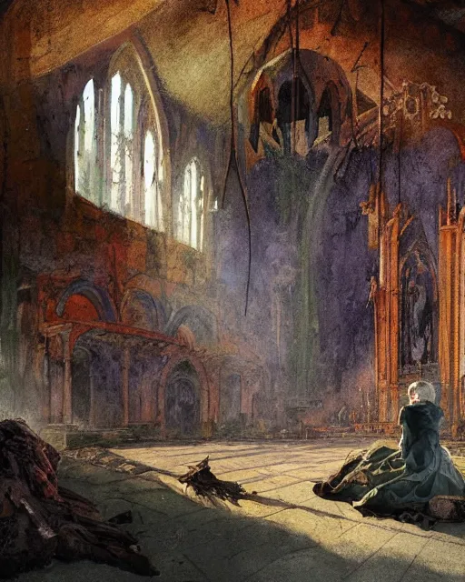 Image similar to a highly detailed epic cinematic concept art CG render digital painting artwork: old dead couple at a decayed church altar surrounded by dark figures. triadic color scheme, By Greg Rutkowski, in the style of Francis Bacon and Syd Mead and Edward Hopper and Norman Rockwell and Beksinski, open ceiling, highly detailed, painted by Francis Bacon, painted by James Gilleard, surrealism, airbrush, Ilya Kuvshinov, WLOP, Stanley Artgerm, very coherent, art by Takato Yamamoto and James Jean