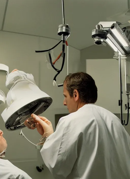 Prompt: doctor examining a small tortoise under bright operating room lights, closeup, 2 4 mm wide angle, technicolor