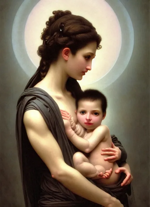 Prompt: realistic detailed 8k photo of futuristic holy cyborg-robotic-mother holding a newborn cyborg-baby child in hands by Raphael Santi, William-Adolphe Bouguereau, by Ayami Kojima, Amano, Karol Bak, Greg Hildebrandt, and Mark Brooks, Neo-Gothic, gothic, rich deep colors. masterpiece, intricate artwork by Tooth Wu and wlop and beeple, greg rutkowski. still from a 2021 movie by Terrence Malick, Tarkovsky, Gaspar Noe, James Cameron,