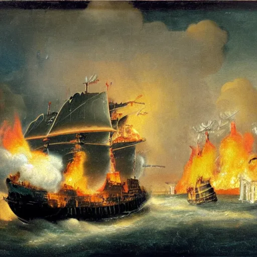 Prompt: oilpainting of a naval battle in 1742, with a ship on fire, and a ufo with aliens