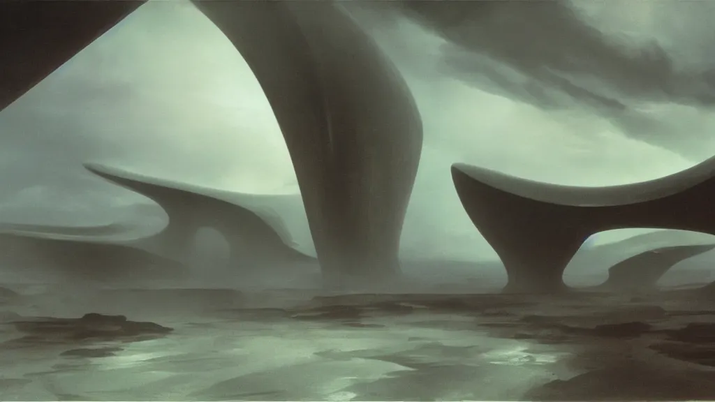 Prompt: otherworldly atmosphere of an alien planet by arthur haas and bruce pennington and john schoenherr, cinematic matte painting, zaha hadid building, 8 k realistic, stormy rainfall, dark moody colors