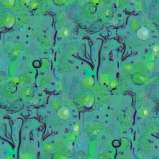 Prompt: surface of an alien planet with bubbly trees