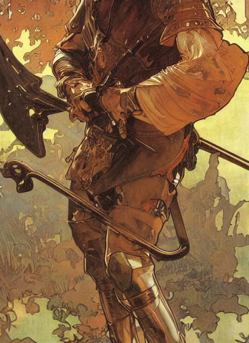 Image similar to keanu reeves in the slumps holding crossbow brown skin golden hair brown leather armor high fantasy dnd smooth sharp focus illustration by rossdraws, alphonse mucha frank fanzzeta