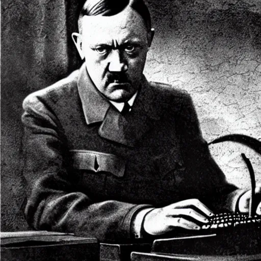 Image similar to hitler using a computer, realistic, detailed by da vinci