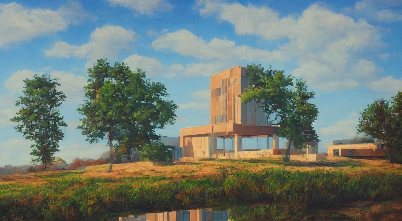 Image similar to A beatiful painitng of a building in a serene landscape, retrowave