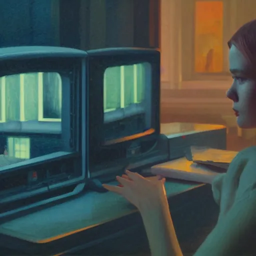 Prompt: Elle Fanning hacking a computer at night in the world of Edward Hopper, stormy snowy weather, streetlights, extremely detailed masterpiece, oil on canvas, low-key neon lighting, artstation, Blade Runner 2049, Roger Deakin’s cinematography, by J. C. Leyendecker and Peter Paul Rubens,