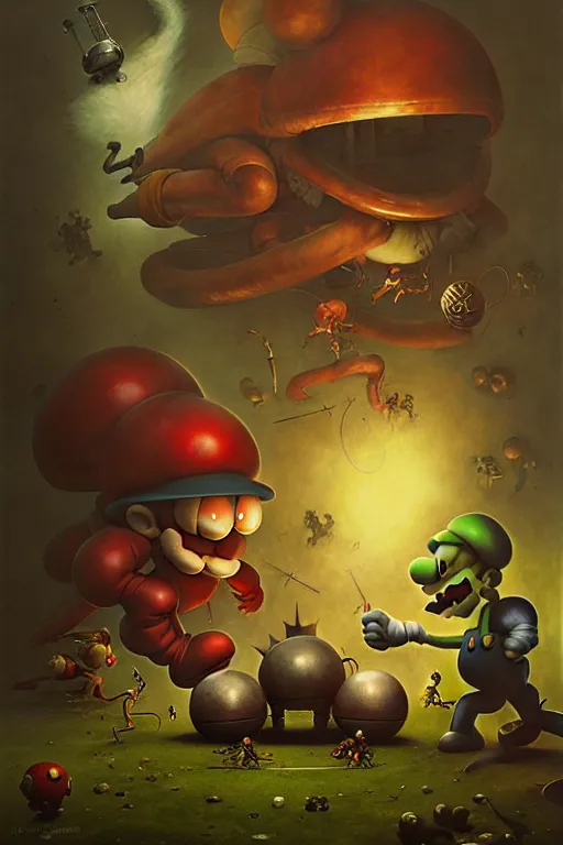 Prompt: hieronymus bosch, greg rutkowski, anna podedworna, painting of samus aran fighting mario and luigi