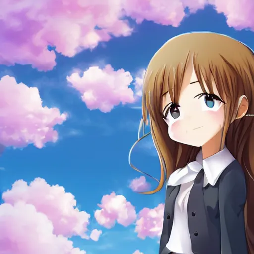 Image similar to cute anime girl looking in the sky surrounded by clouds